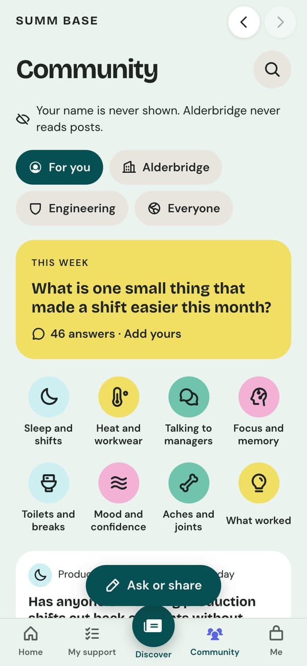 Community: spaces for her employer, her kind of work and everyone, and a question of the week.