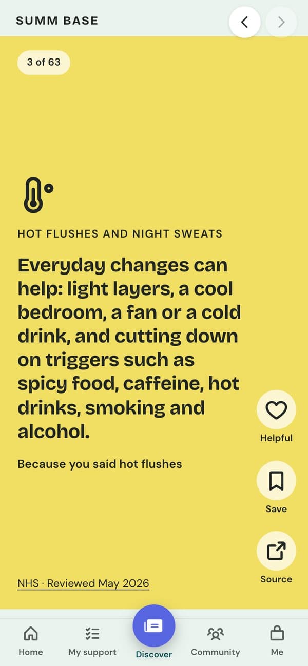 A Discover card picked because she said hot flushes, with everyday changes that can help, from the NHS.